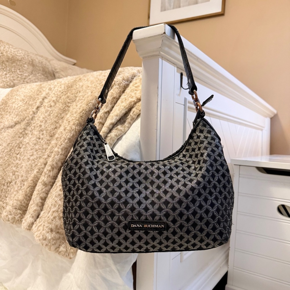 Dana Buchman Vintage Geometric Hobo Bag Silver Black Y2K Indie Sleaze Small